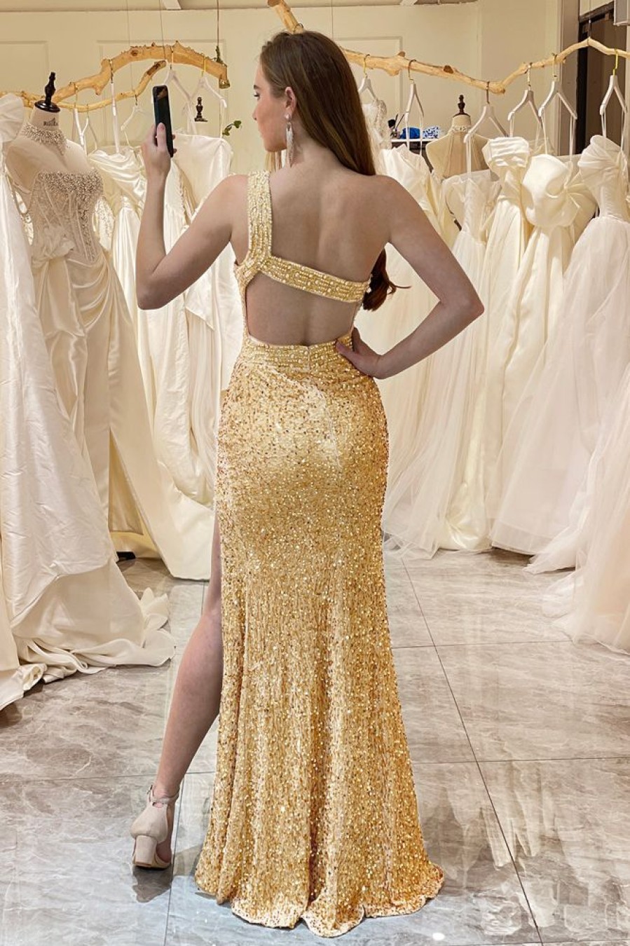 Homrain Sparkly En Sequins Mermaid One Shoulder Long Prom Dress With Slit | Gold Prom Dresses