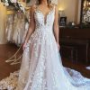 Homrain A-Line V-Neck Backless Long Lace Wedding Dress | Lace Wedding Dresses