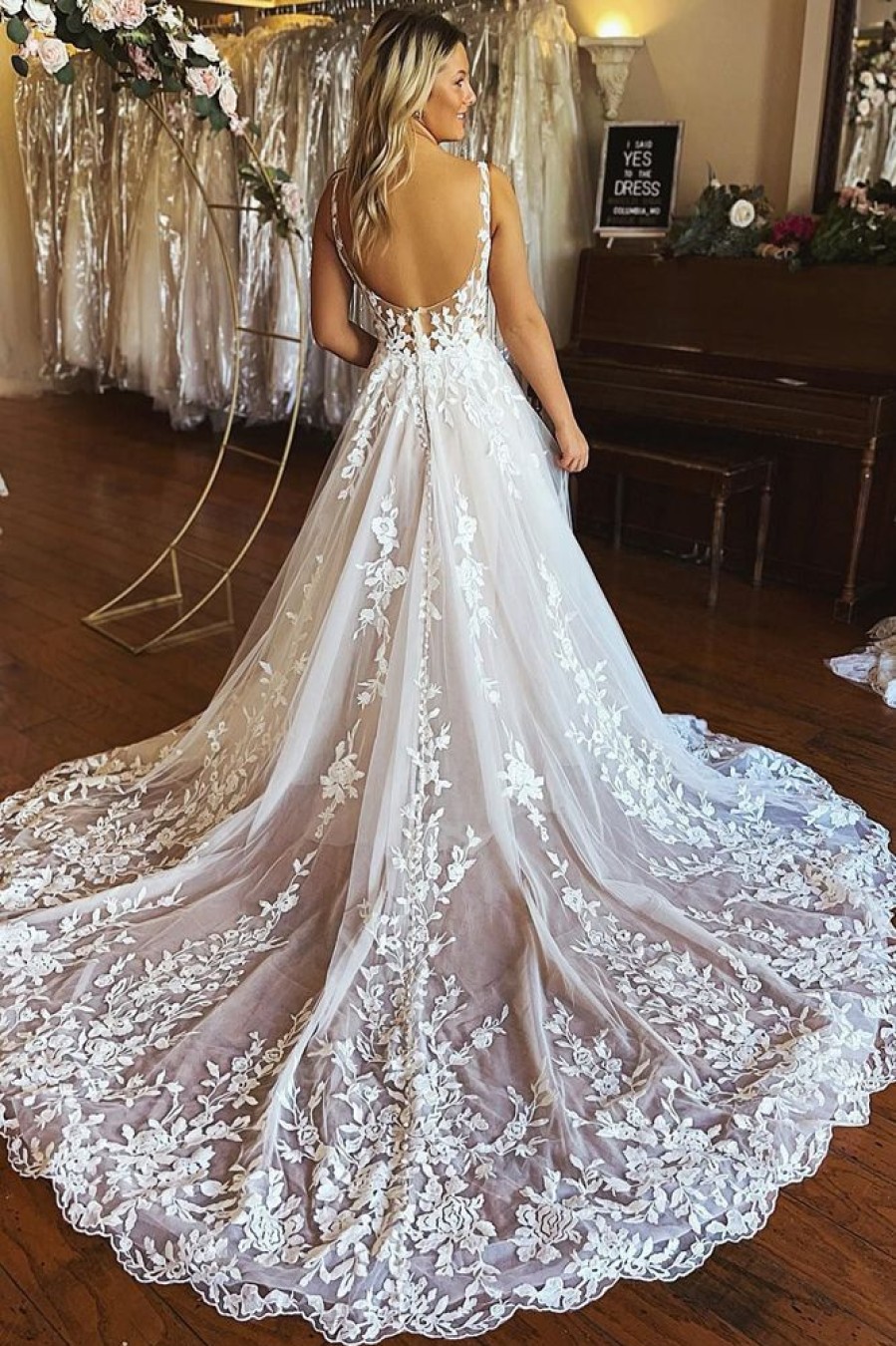 Homrain A-Line V-Neck Backless Long Lace Wedding Dress | Lace Wedding Dresses