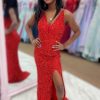 Homrain Sequins V Neck Prom Dress With Slit | Red Prom Dresses