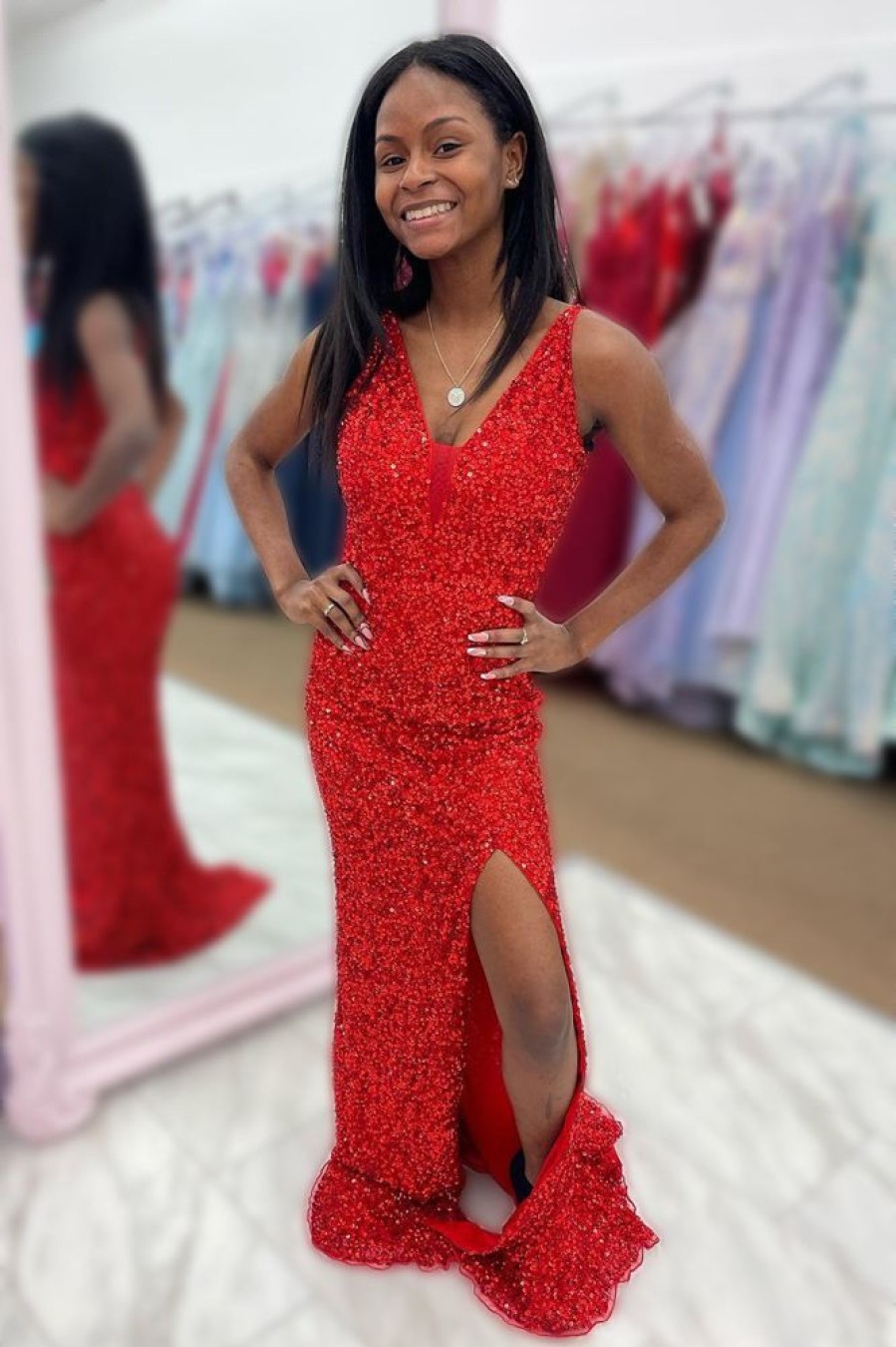 Homrain Sequins V Neck Prom Dress With Slit | Red Prom Dresses