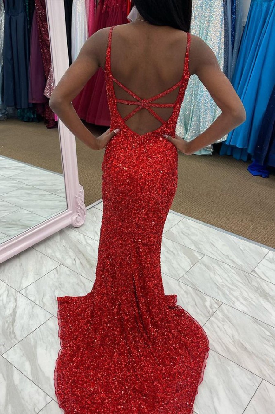 Homrain Sequins V Neck Prom Dress With Slit | Red Prom Dresses