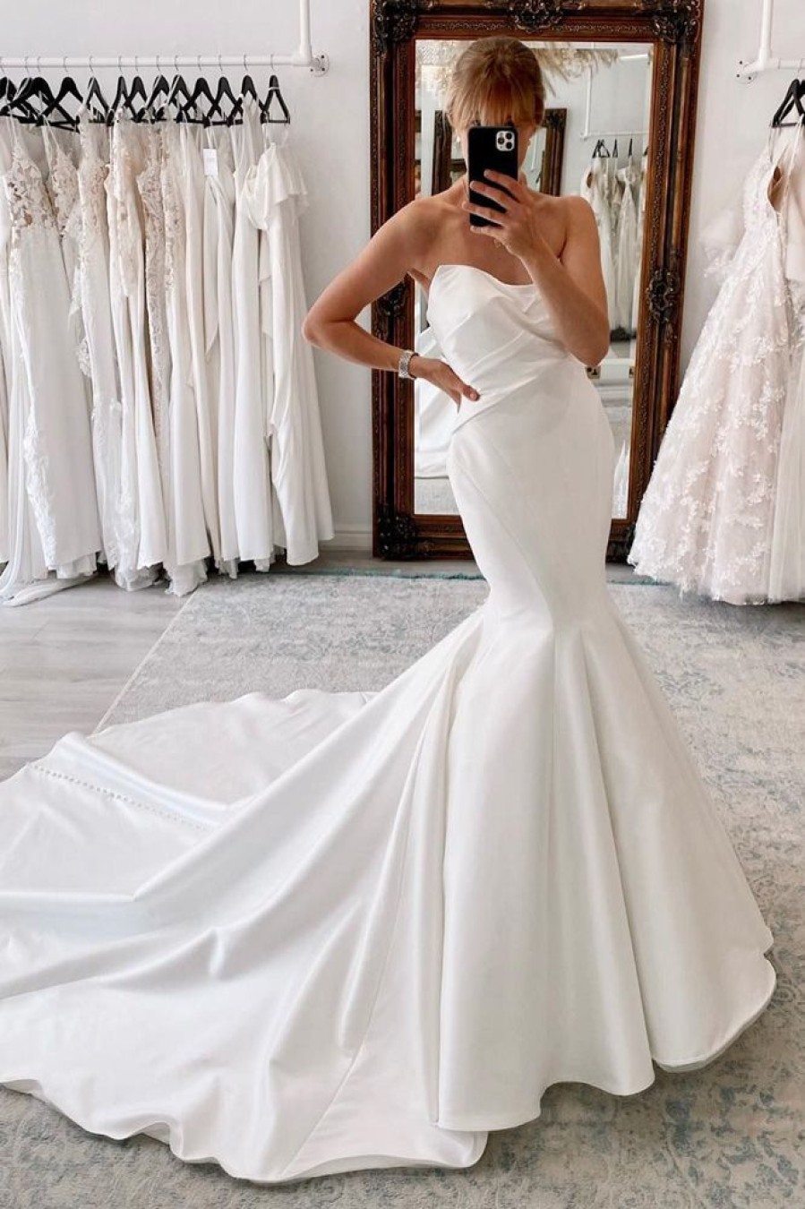 Homrain Strapless Satin Long Mermaid Wedding Dress | Simple Wedding Dresses