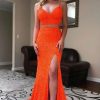 Homrain Two Piece Sequins Mermaid Prom Dress With Slit | Orange Prom Dresses