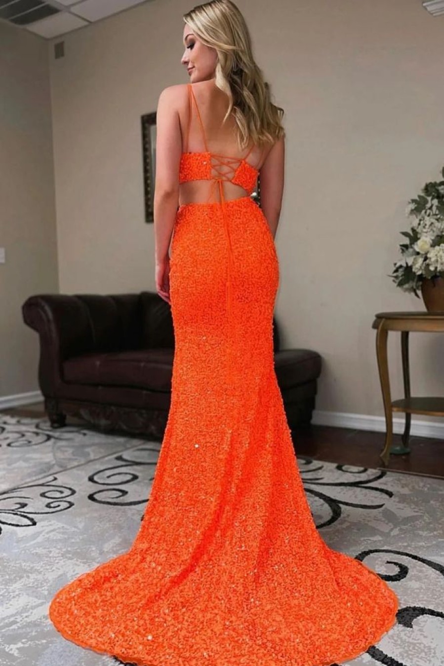 Homrain Two Piece Sequins Mermaid Prom Dress With Slit | Orange Prom Dresses