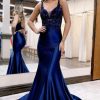 Homrain Sparkly Beaded Open Back Mermaid Long Prom Dress | Blue Prom Dresses