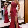 Homrain One Shoulder Sequins Prom Dress With Slit | Red Prom Dresses