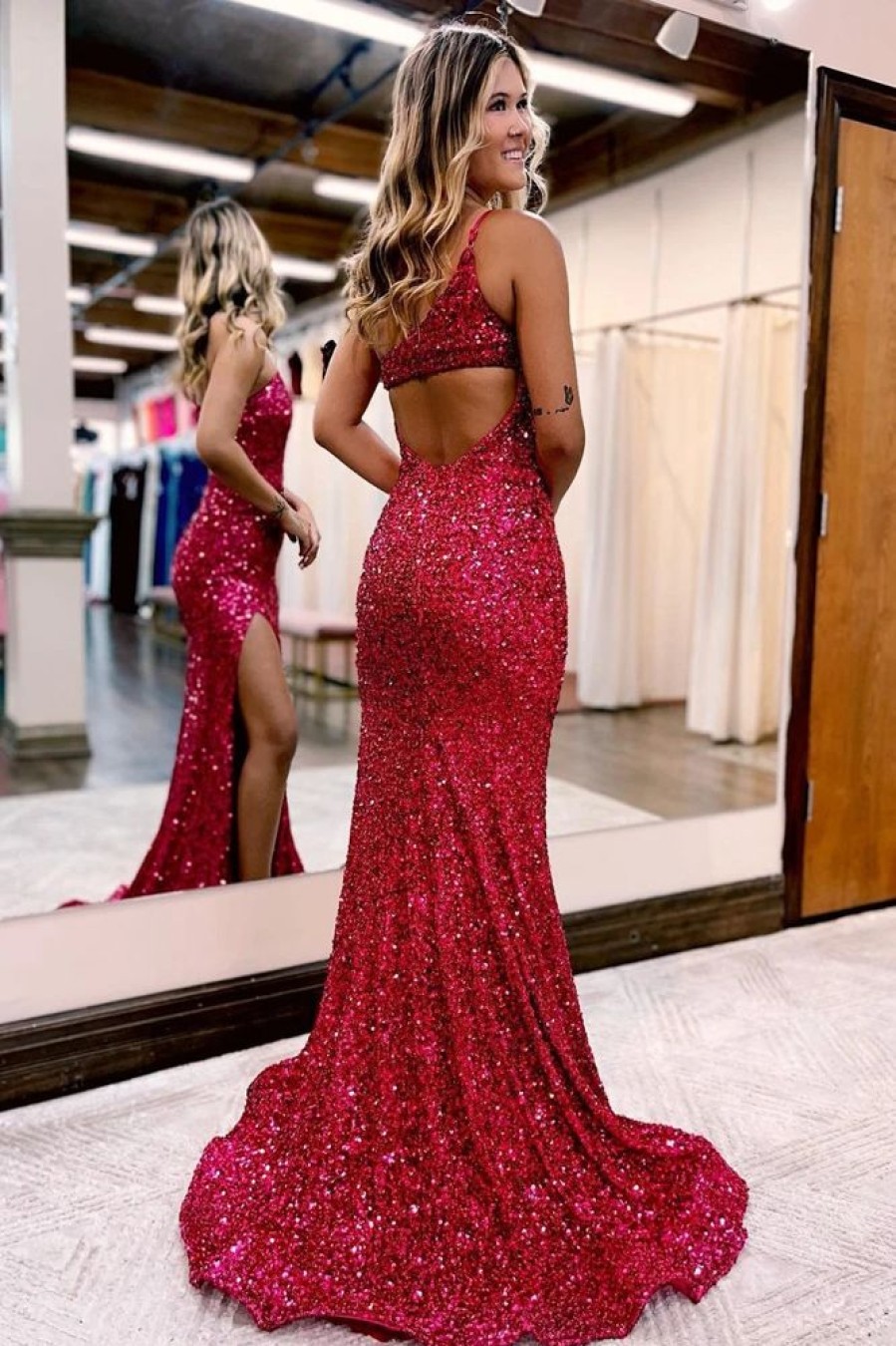 Homrain One Shoulder Sequins Prom Dress With Slit | Red Prom Dresses