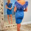 Homrain Off The Shoulder Tight Short Homecoming Dress With Feathers | Blue Hoco Dresses