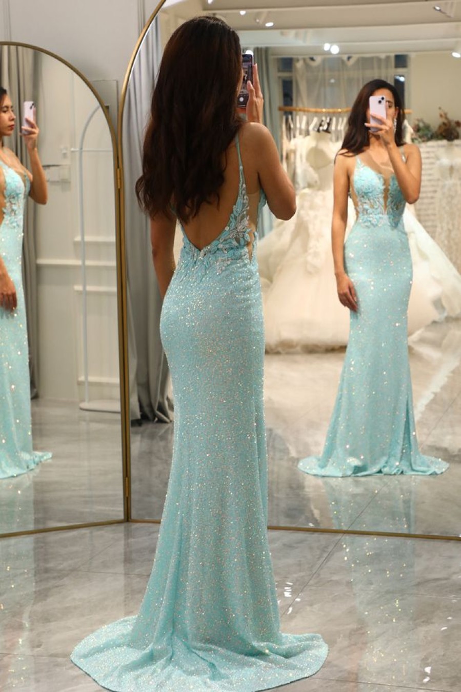 Homrain Sparkly Mermaid Long Appliqued Prom Dress | Green Prom Dresses