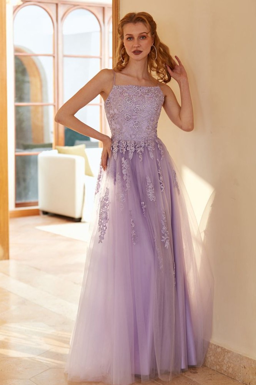 Homrain Charming A Line Spaghetti Straps Light Purple Long Prom Dress With Appliques | Purple Prom Dresses