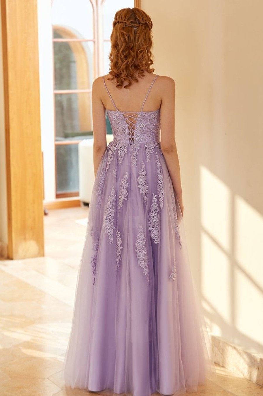 Homrain Charming A Line Spaghetti Straps Light Purple Long Prom Dress With Appliques | Purple Prom Dresses