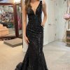 Homrain Mermaid Deep V Neck Sequins Long Prom Dress With Open Back | Black Prom Dresses