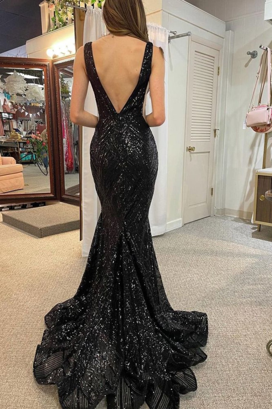 Homrain Mermaid Deep V Neck Sequins Long Prom Dress With Open Back | Black Prom Dresses