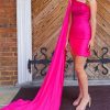 Homrain Sparkly Sequins One Shoulder Watteau Train Tight Homecoming Dress | Hot Pink Hoco Dresses